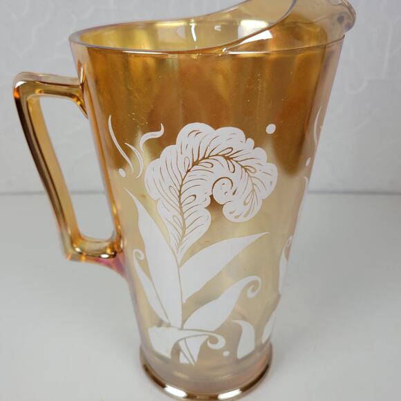 Vintage Jeanette Marigold Pitcher 9" Amber Peach Carnival Glass‎ Feather - Picture 7 of 13